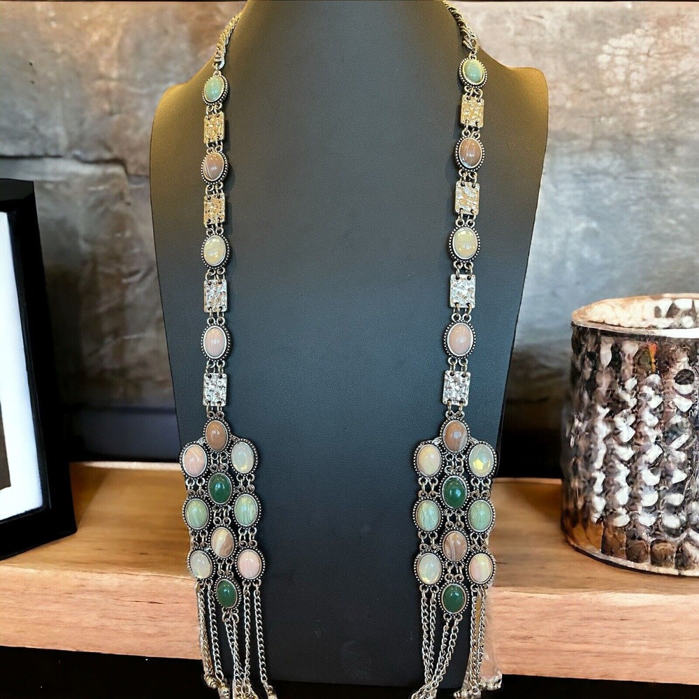 Vintage Lariat Scarf Necklace Cabochon Faux Gemstones Silver Tone Curb Chain